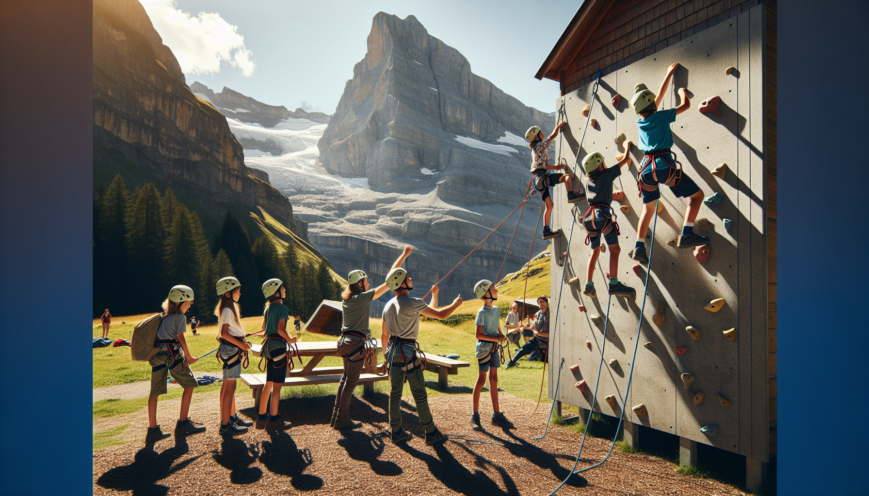 Enfants escaladant une paroi rocheuse dans un camp alpin en Suisse