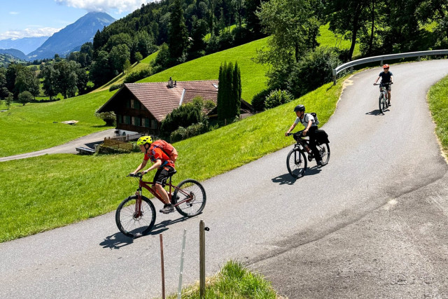 Cyclists climbing a country road past a Swiss farmhouse on the Family Bike Travel Camp