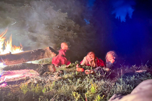 Campeurs assis autour d'un feu de camp la nuit en montagne