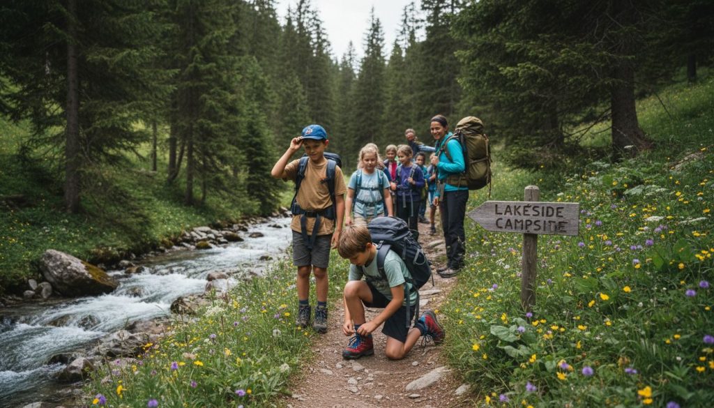 Kids hiking forest trail at Swiss camp