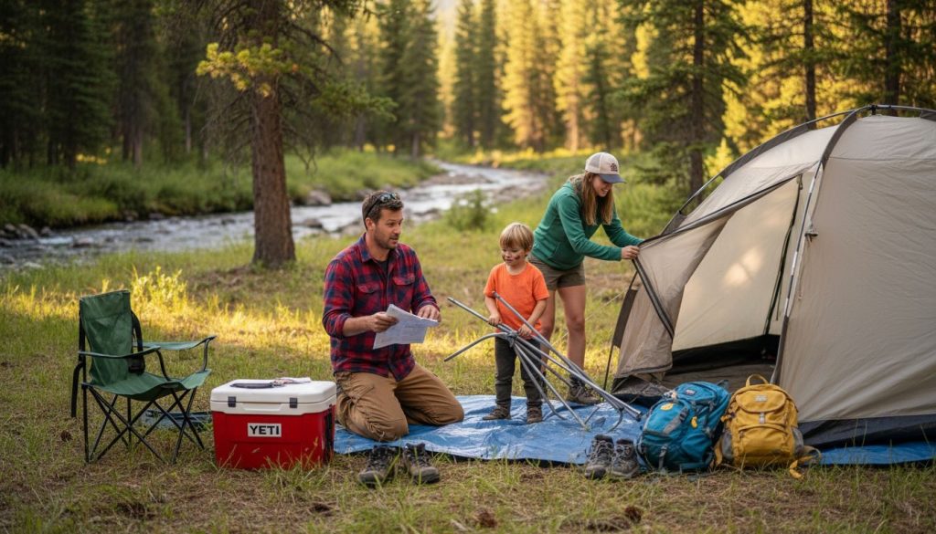 Family setting up tent at forest campsite