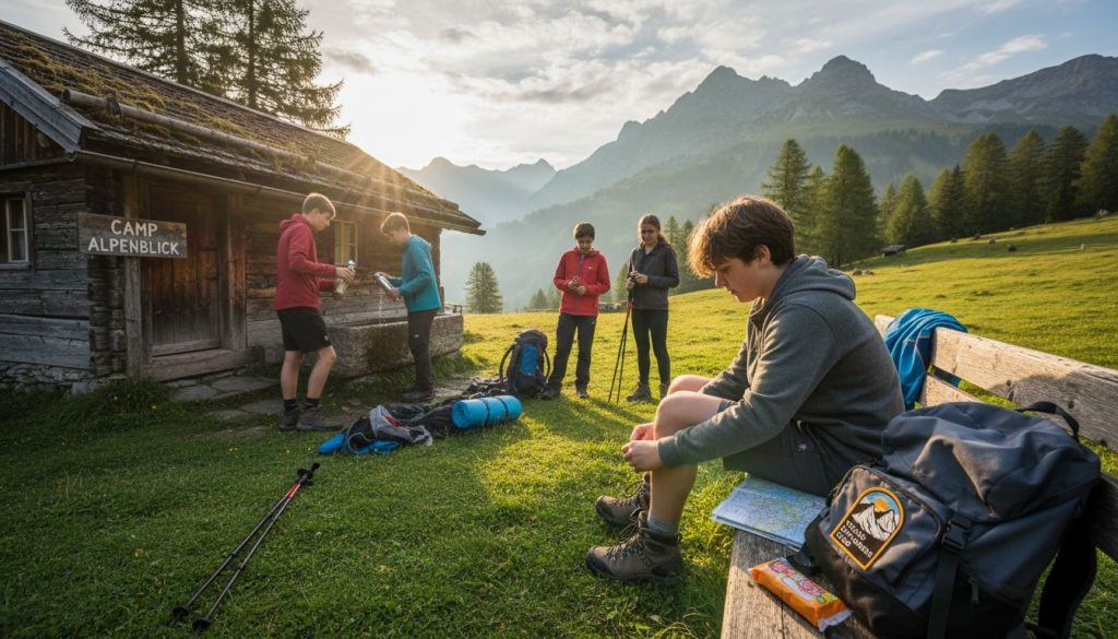 Swiss teens unpacking at Alpine camp lodge