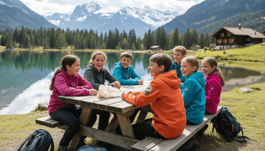 Campers gather by Swiss alpine lake