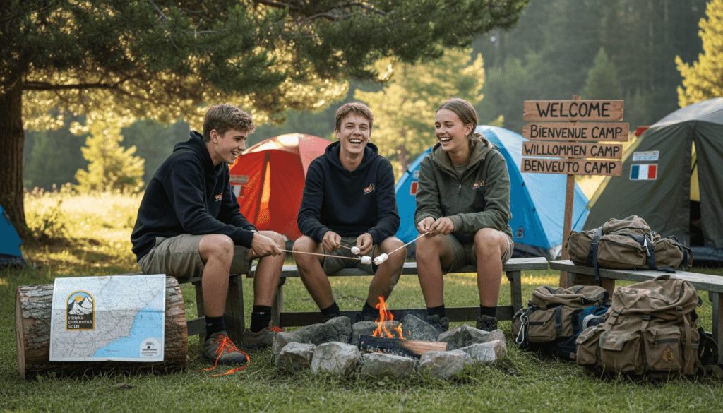 Teens bonding at multicultural campfire scene
