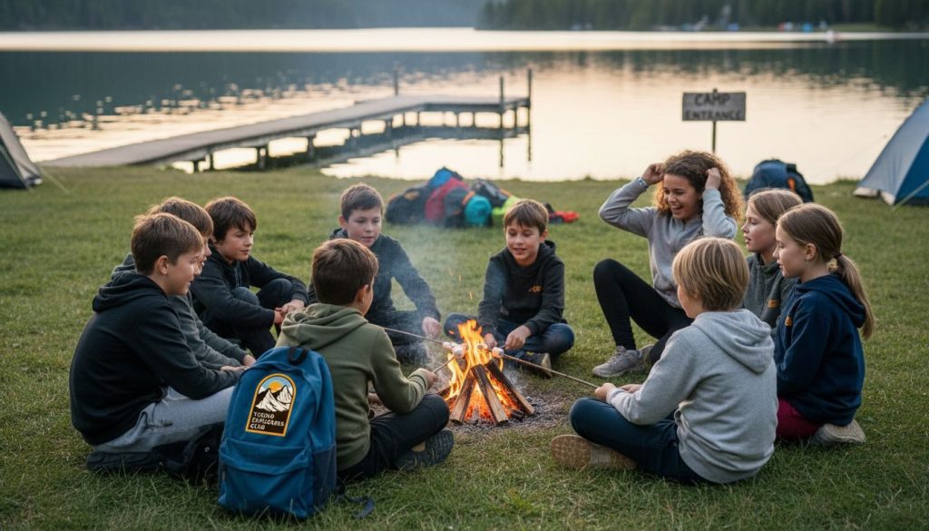 Children gathered at lakeside summer campfire