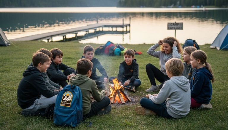 Children gathered at lakeside summer campfire