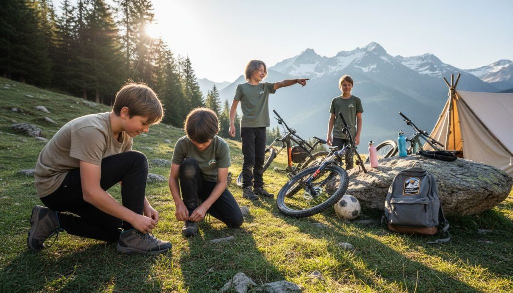 Youth at adventure camp with bikes and tent in Alps