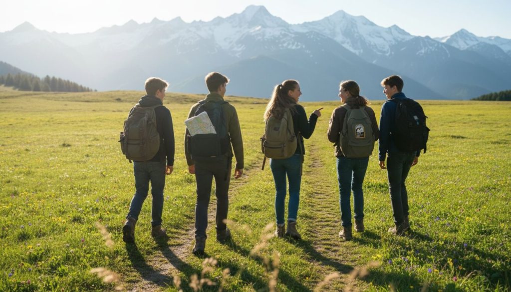 Teens hiking in alpine meadow with mountains