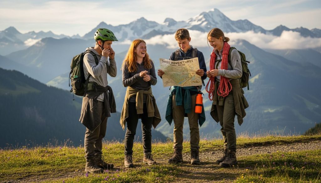 Teens preparing for outdoor adventure in Swiss Alps