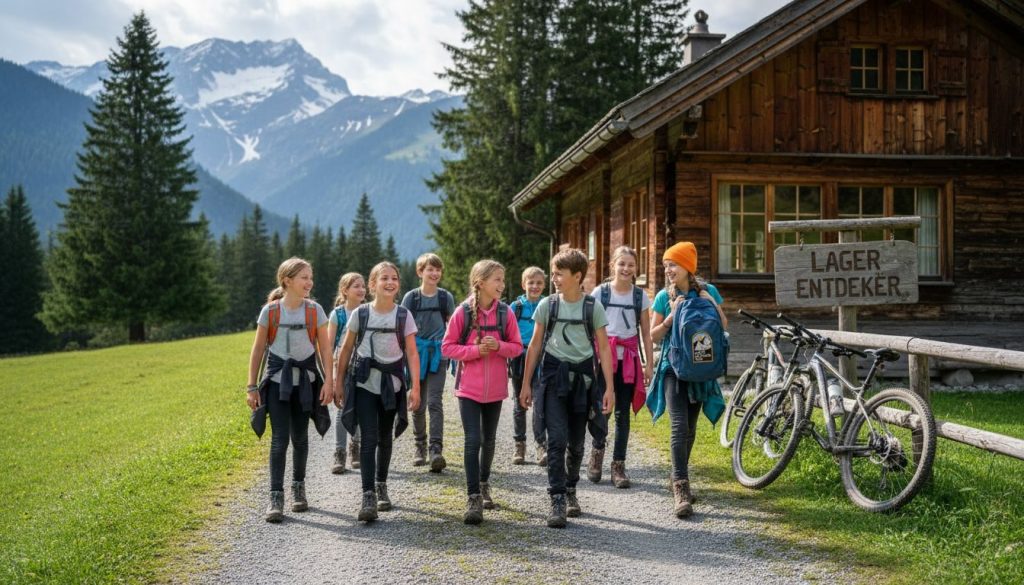 Children approaching Swiss camp lodge outdoors