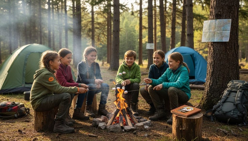 Children enjoying group campfire outdoors