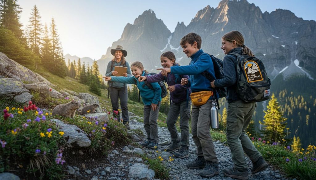 Children hiking on Swiss Alps summer trail