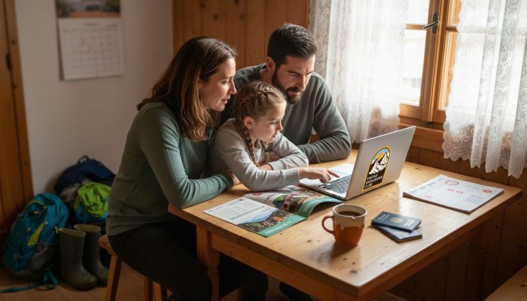 Family registering child at home kitchen