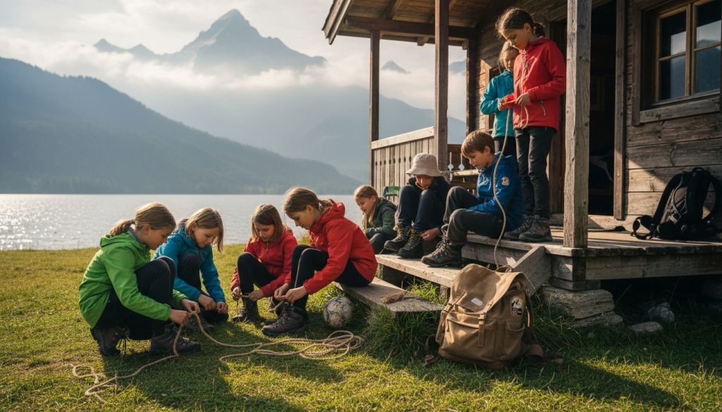 Children preparing for adventure at Swiss camp