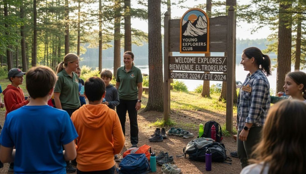 Children arriving at bilingual summer camp outdoors