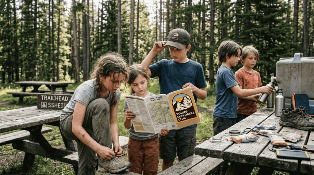 Children preparing for summer camp hike