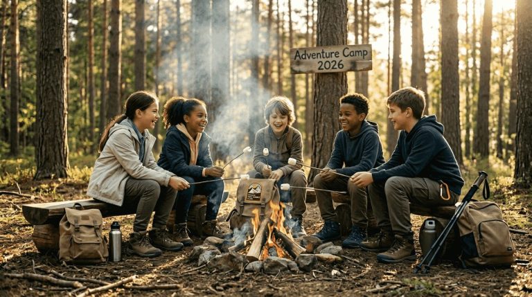Kids enjoy campfire at adventure camp outdoors