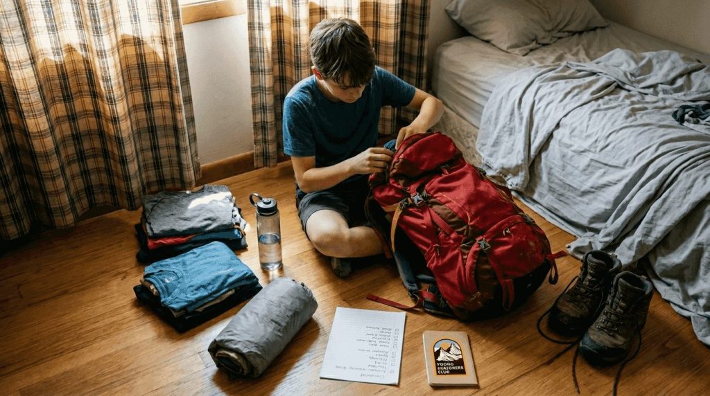 Teen packing hiking gear for Swiss camp