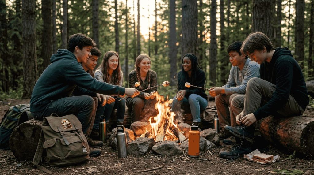 Teens sharing stories by a campfire