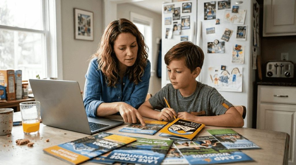 Parent and child discussing camp brochures at kitchen table