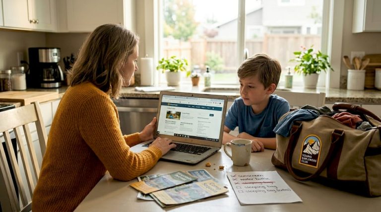 Parent and child planning summer camp at table