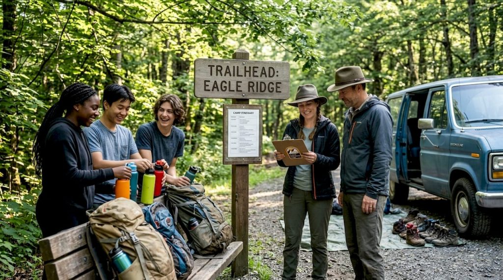 Teens preparing backpacks at forest camp trailhead