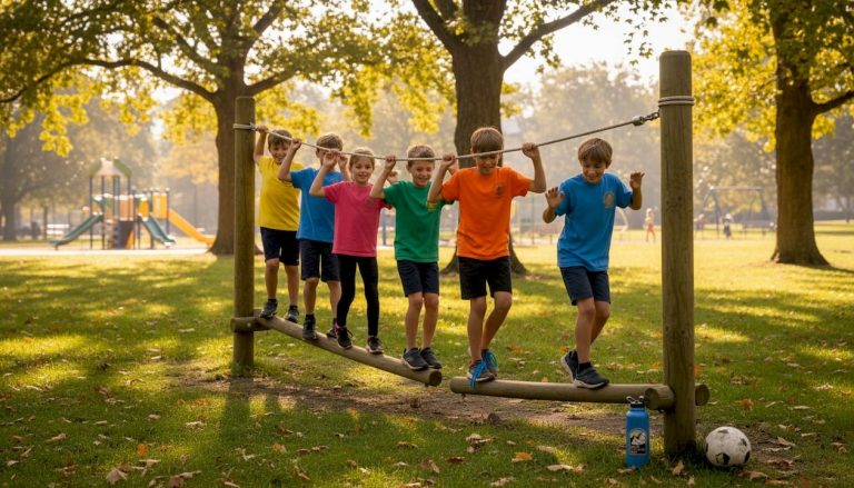 Why adventure activities matter for kids' growth 1 Children tackling outdoor ropes course together
