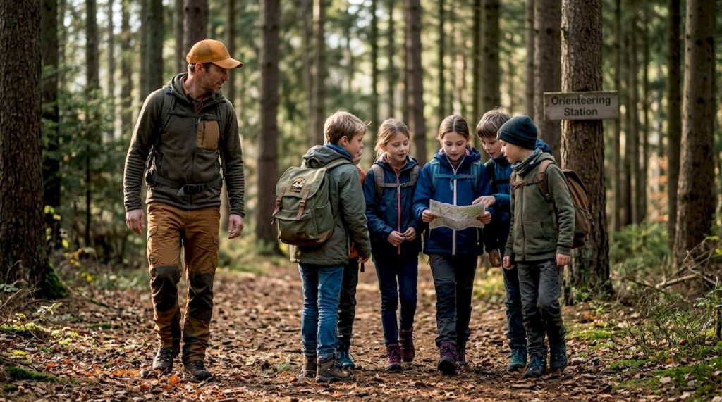 Children on forest trail at summer camp