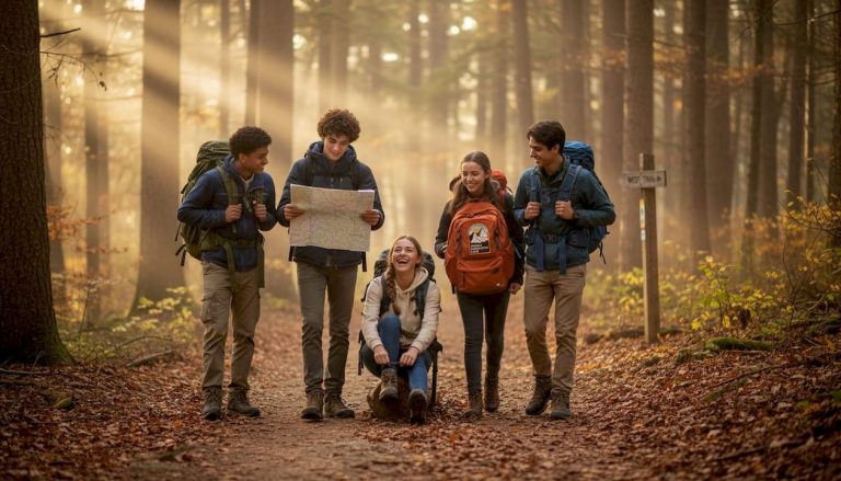 Teens hiking together on forest trail