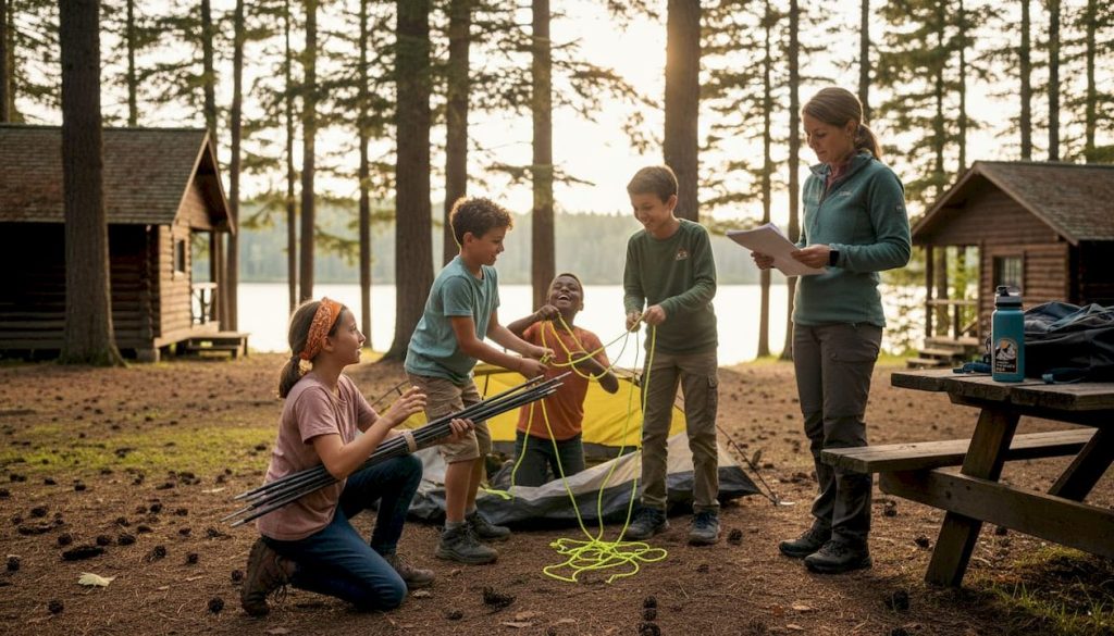 Children building tent together at camp
