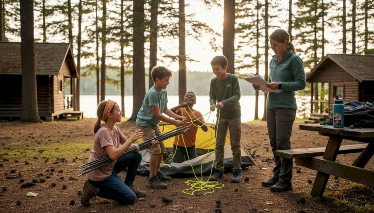 Children building tent together at camp