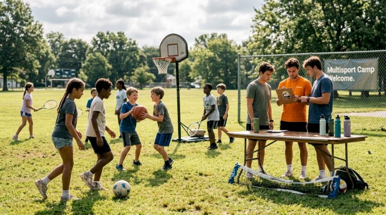 Children playing various sports at camp