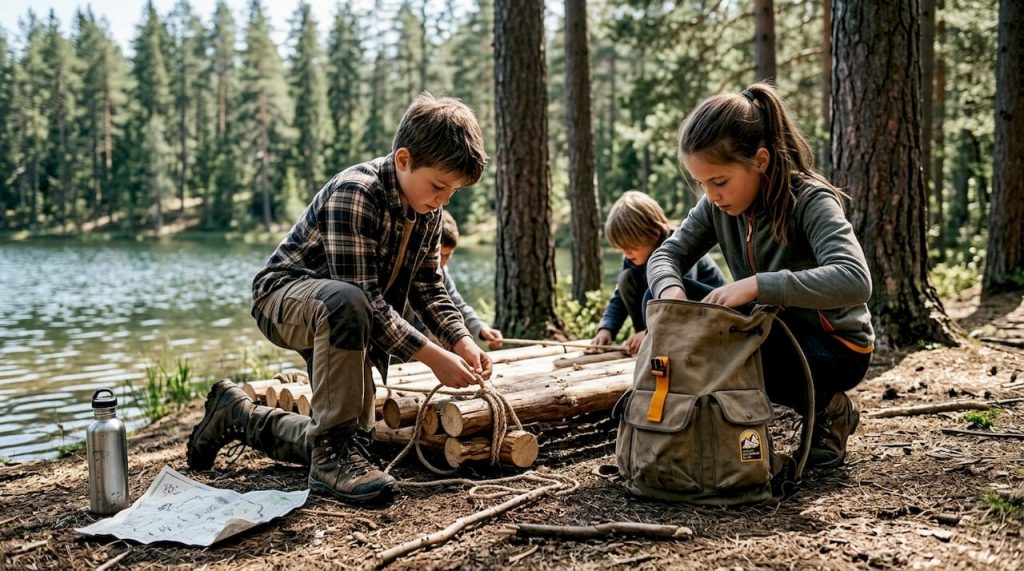 Kids building raft at summer camp lakeside