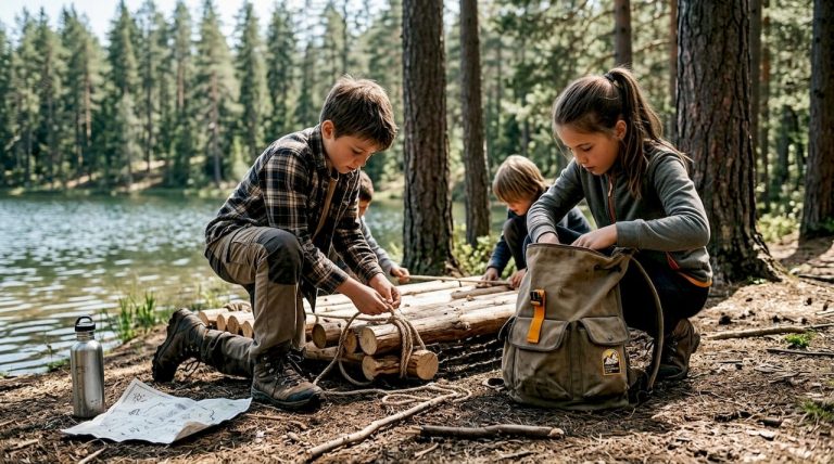 Kids building raft at summer camp lakeside