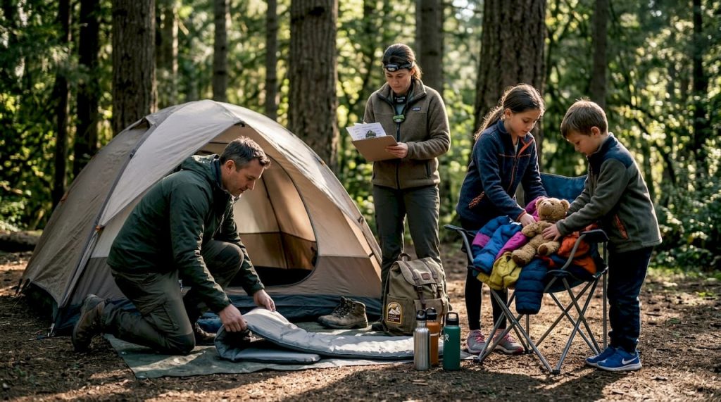 Family setting up camp and unpacking gear