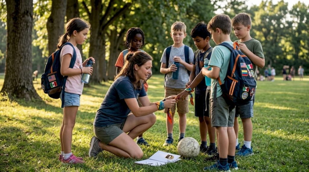 Camp educator assisting children at summer camp