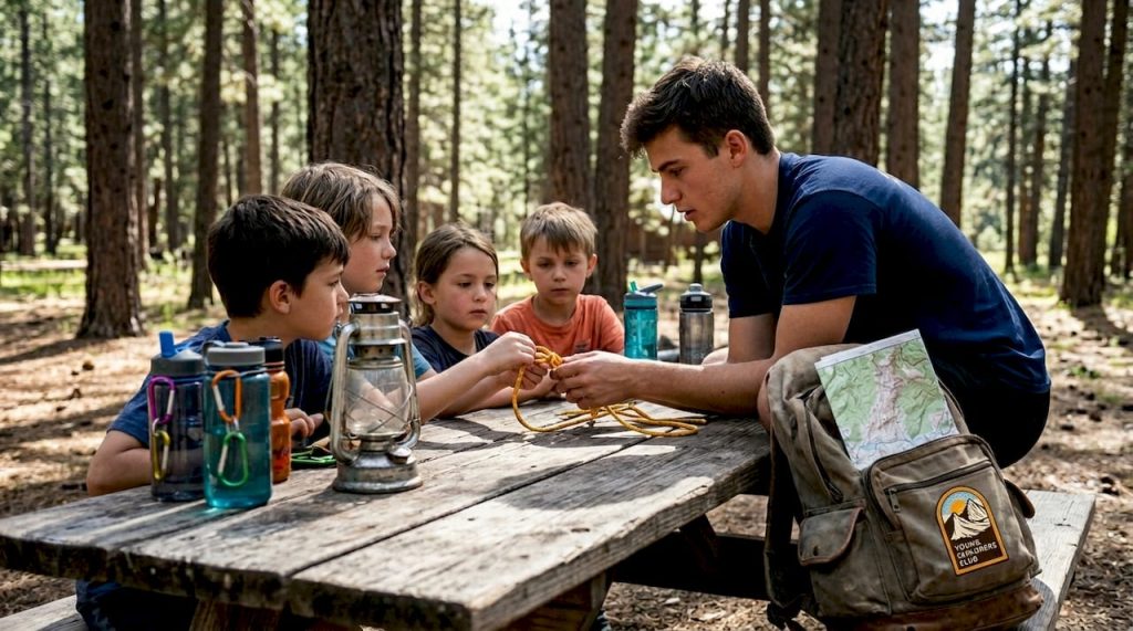 Camp mentor teaching kids outdoors at table