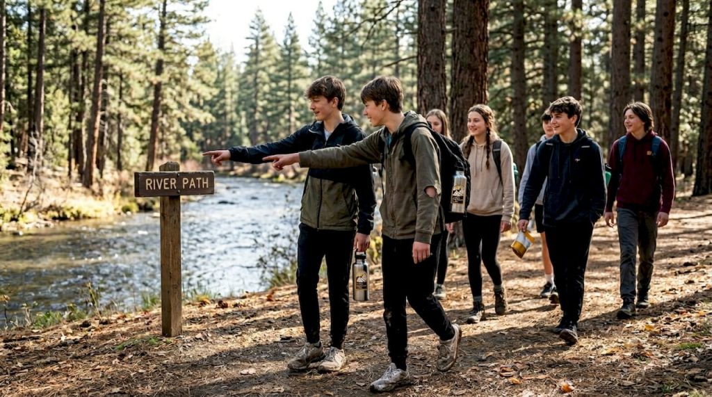 Teenagers hiking forest trail youth camp