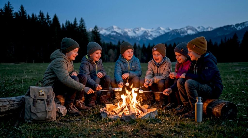 Children roasting marshmallows at mountain campfire
