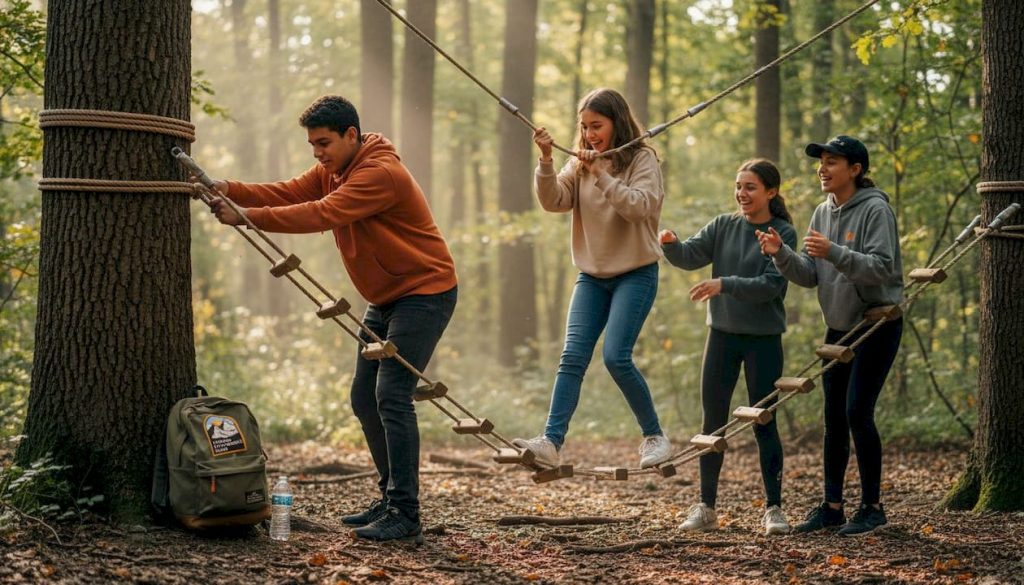 Teens collaborating on outdoor adventure activity