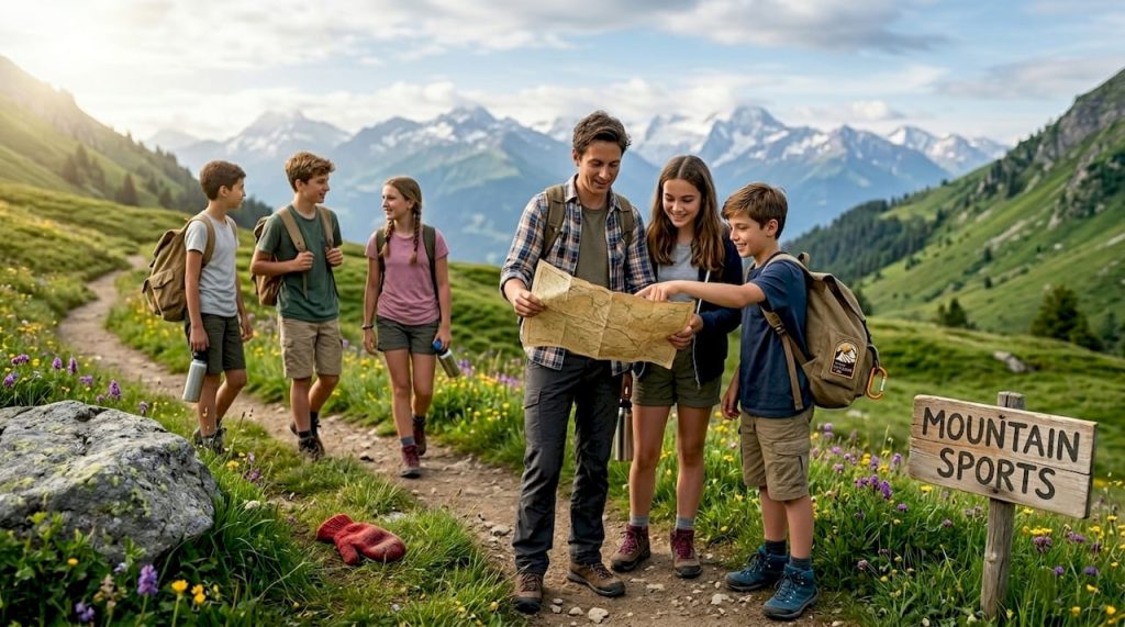 Teen campers hiking Swiss alpine trail