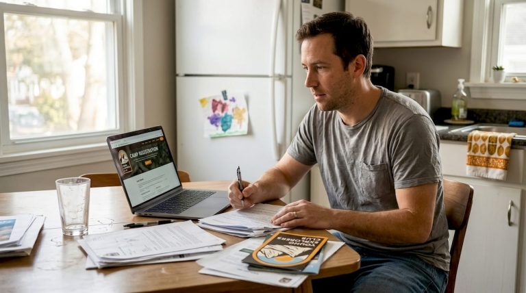 Parent reviewing summer camp registration paperwork