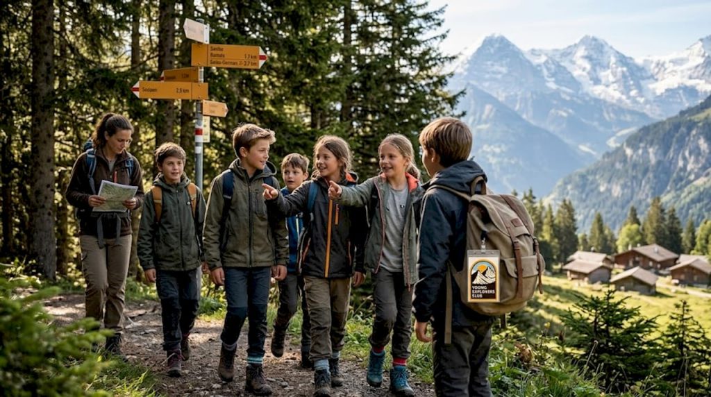 Kids hiking at Swiss language camp outdoors