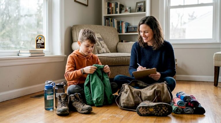 Mother and child packing camp gear at home