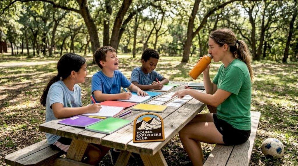 Kids learning at language camp outdoors