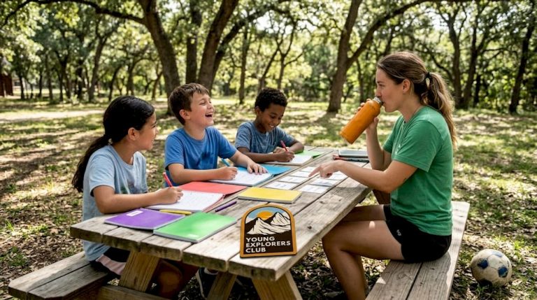 Kids learning at language camp outdoors
