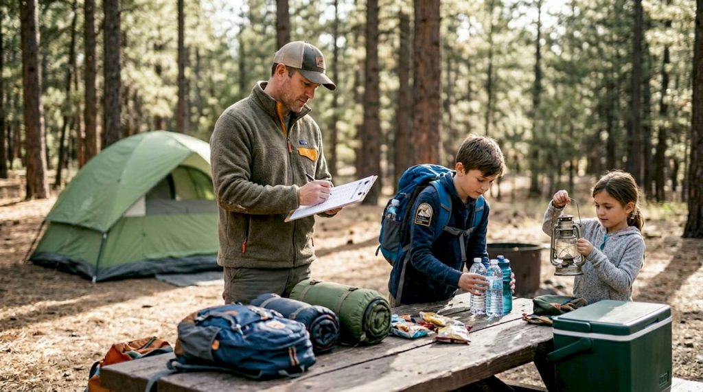 Family checks camping gear at forest table