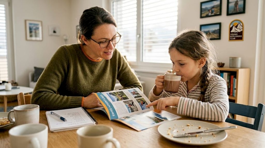 Parent and child talk about camp at kitchen table