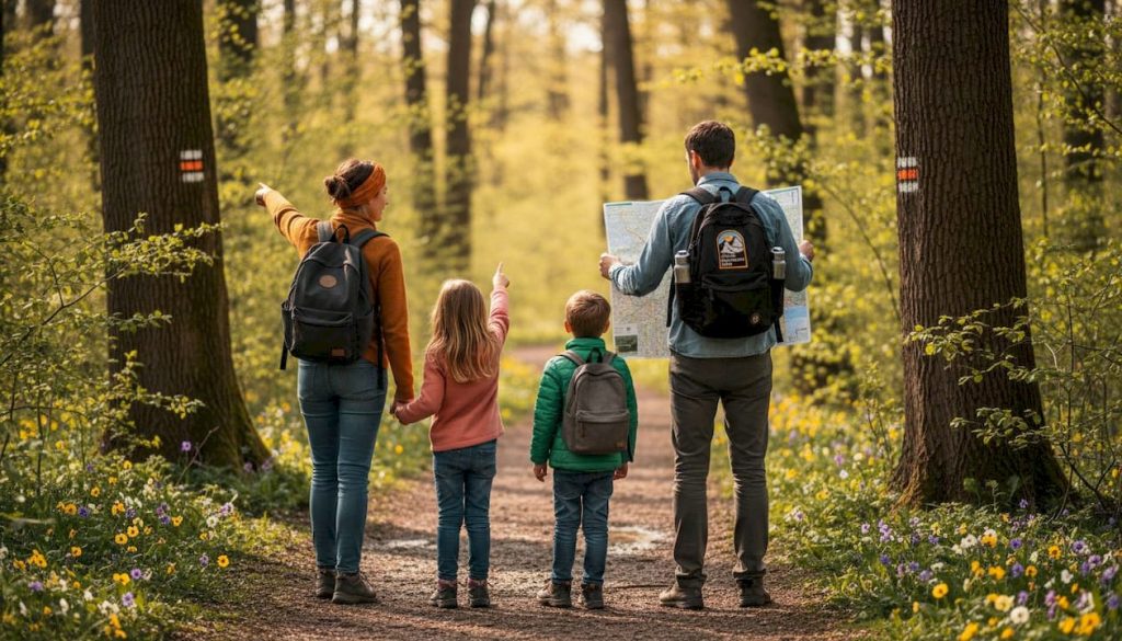 Family hiking through wooded park trail