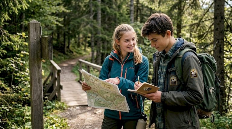 Teens mapping adventure on wooded trail